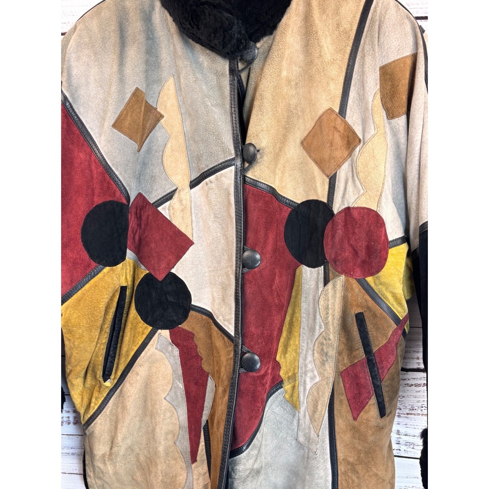 Vintage 80s Suede Leather Patchwork Jacket Fur Collar Geometric Art Earth L‎ OOK - Picture 3 of 15